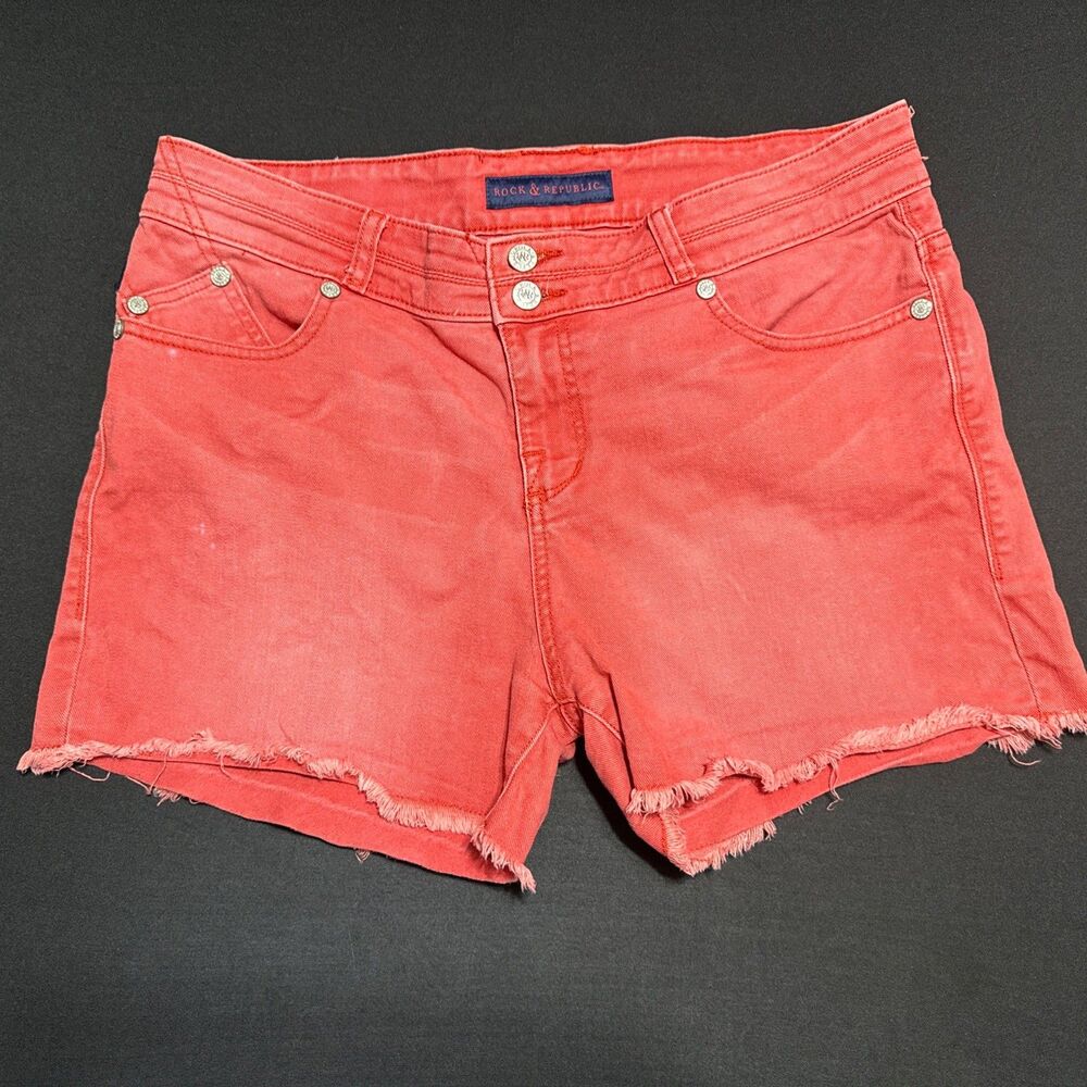 Rock & Republic Womens Size 12 Rebel Cut Offs Denim Shorts Red Orange Raw